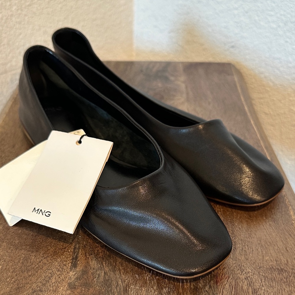 Mango Black Leather Square-Toe Ballet Flats